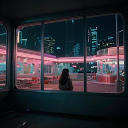 vertical movie frame, girl in 5 0's retro restaurant, neon - decorated urban on night in the city seen through the window, modern architecture design, vintage, night, blade runner, dark, clean lines, asian futuristic city at distance, big windows, octane, wide angle