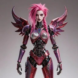 a detailed cinematic symmetric wide shot render of Grimes as a robot covered with glitter, in hell