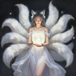 a woman in a white dress holding a glowing ball | with nine white fox tails | a detailed painting by ross tran!!!!!!!!!!!!!!! | wlop and stanley artgerm lau | featured on deviantart | fantasy art | anime | 2 d game art | official art
