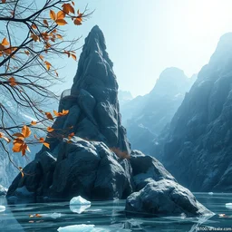 a closeup photorealistic photograph of a rock tower with some leaves, in an icy placd, fantastic four theme.. bright scene. fine detail. this 4 k hd image is trending on artstation, featured on behance, well - rendered, extra crisp, features intricate detail, epic composition and the style of unreal engine.