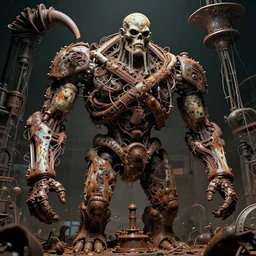 movie still of intricatly macerated by age, sentient, dethroned goliath machine, blood turbines, hydrocracking, rusted, macerated, eviscerated by fimbria wires, bicornate fungal space station, very long shot, by alberto bontempi, shigeru komatsuzaki, jack kirby, geof darrow, wayne d bar