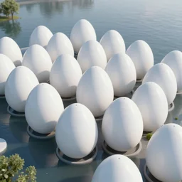 highly detailed 3 d render a beautiful lot of white egg shaped museum buildings are fused together, in the calm water, no trees ， hyper detailed, 8 k, unreal engine, hdr, dof human perspective ， by kazuyo sejima