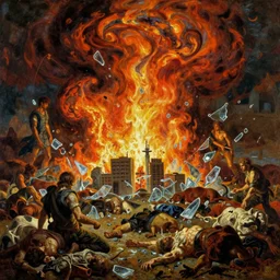 the first unleashing of the hell - fire. cities had become puddles of glass, while nations had vanished from the earth, the lands littered with bodies, both men and cattle, and all manner of beasts,, oil painting by tomasz jedruszek, agostino arrivabene, craig davison