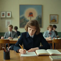 a women selling pencils, film still from the movie directed by wes anderson with art direction by zdzisław beksinski, wide lens