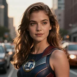 VFX movie still frame portrait beautiful DC vs. Marvel hero Lindsey pelas natural skin, hero pose, natural evening light in the city by Emmanuel Lubezki