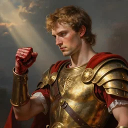 Sam Hyde as a Roman warrior wearing gold and red armor, elegant suit, looking at bloody fist, portrait art by Hieronymus Bosch, highly detailed, digital painting, concept art, illustration, dim lighting with twilight rays of sunlight, trending on artstation, very detailed, smooth, sharp focus, octane render, close up