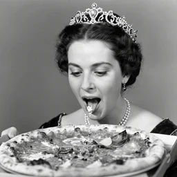 head and shoulders portrait of young queen margherita of savoy italy, gaping over an entire pizza, tiara, pearl necklace, soft light, neutral background, black and white historical photo by letizia battaglia and peter lindberg