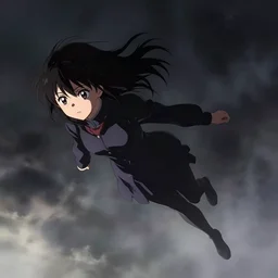 anime visual, full body portrait of a young black haired girl flying in the sky, cute face by yoh yoshinari, katsura masakazu, dramatic lighting, dynamic pose, dynamic perspective, strong silhouette, ilya kuvshinov, moody, detailed