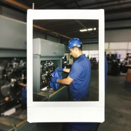 a polaroid photo of man doing sort things into sort machines in warehouse, he's wearing blue cloth and construction hat,, photo from behind, highly details, perfect face shape, cinematic lighting,