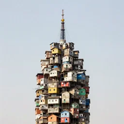 huge towers made up of colourful stacked squatter shacks and makeshift brutalist shelters, suspension, mamiya, f 1. 7, uniform plain sky, fine details, minimalist, photographed by david hockney