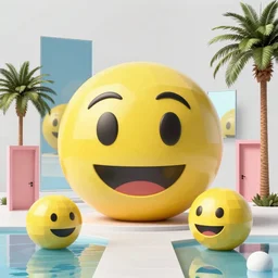 hyperrealistic geometric objects in a surreal minimalistic 8 0's dreamscape environment by salvador dali, enormous emoji, highly detailed, 3 d render, octane, beautiful lighting, photorealistic, intricate, elegant, wayne barlowe, water, mirrors, pink doorway, beautiful, masterpiece, trending on artstation, palm tree