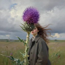 portrait, big thistle flower head, a girl wearing coat in field, surreal photography, wind, cloudy sky, dramatic light, impressionist painting, digital painting, artstation, simon stalenhag