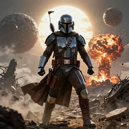 mandalorian in a powerful pose by beksinski  on background with destroyed planets and atomic bomb explosion, backlight
