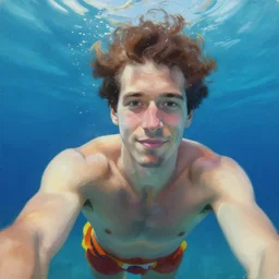 painting of an underwater selfie from a brown haired male lifeguard. Kuvshinov ilya. Sakimichan