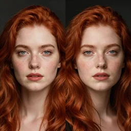 symmetrical portrait of a stocky redheaded woman