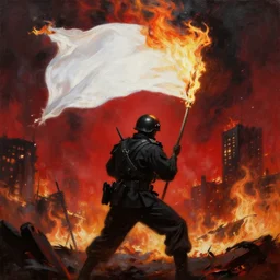 a soldier in black clothes who is burning a white flag, against the backdrop of a burning city, battle of good versus evil, insanely detailed and intricate, hyperrealistic, oil painting, shades of red and white and black and fire, 8 k