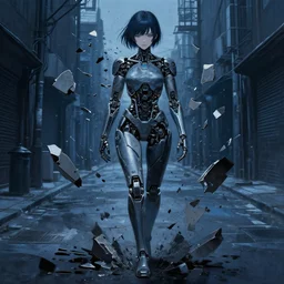 cyborg - girl breaking into pieces as it walks down a street, highly detailed, painting, dark blue and black color palette, intricate, high quality anime artstyle,