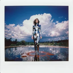 analog polaroid photograph of a chrome woman, standing in a pool of blood, azure sky, big clouds visible, sunlight, reflection, sparkles, lensflare, film grain, depth of field, color bleed