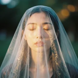 a vintage analog head and shoulder frontal face portrait photography of a beautiful woman shrouded in a plastic transparent veil by alex prager. vogue. closed eyes. kodak portra 8 0 0 film. shallow depth of field. ( depth of field ). whirl bokeh!!. golden hour. detailed. hq. realistic. warm light. muted colors. filmic. dreamy. lens flare. mamiya 7 ii, f / 1. 2, symmetrical balance, in - frame