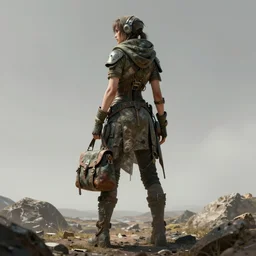 an intricate concept art of an dystopian woman nomad with bag standing, post - apocalyptic, back - view, full body shot, fuzichoco color palette, digital art, style by ivan talavera and artgerm and wlop, hyper realistic, photorealistic, octane render, trending on artstation, cgsociety, cinematic light