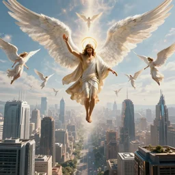 futuristic city being invaded by an army of angels in the sky with jesus christ