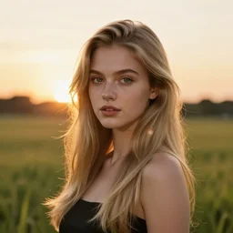 elegant young female, long blonde hair and large eyes, finely detailed perfect face, standing in the grass at sunset, golden hour sunset lighting,