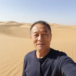 selfie taken by an old Asian dad in the middle of the desert, photo