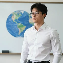body builder wearing a tight white dress shirt with short black hair and glasses, whiteboard with picture of earth in background, hyperrealism, 8 k, lens flair, intricate