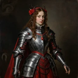 Gothic princess in dark and red dragon armor. By Rembrandt painting (1667), highly detailded