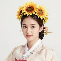 korean women's fashion, sunflower tiara, intricate watercolor solarpunk portrait by tim doyle