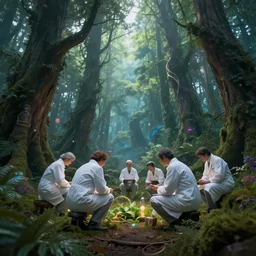 a group of scientist exploring a magical fantasy forest, epic composition, intricate details, hyper detailed, 8 k, volumetric light, magical atmosphere