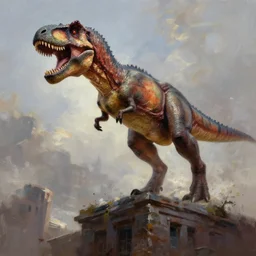 a t rex jumping off of a building, digital painting masterpiece by thomas kinkade and frank frazetta, beautiful brush strokes, cinematic composition