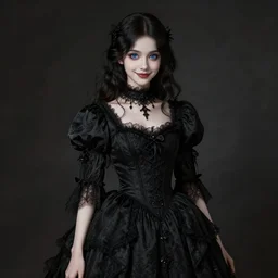 full body portrait of a dark haired girl with blue eyes, gentle round face, with a bright smile, intricate detailed black goth dress, highly detailed, deep focus, elegant, digital painting, smooth, sharp focus, golden ratio, illustration, ultra realistic, 8 k, art by artgerm, caravaggio and vittorio reggianini