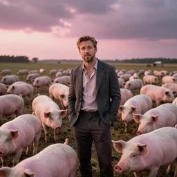 ryan gosling, photo, background is a field filled with pigs, pink