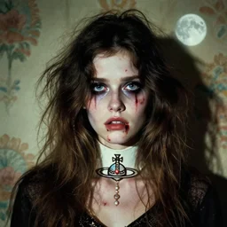 a handsome but sinister, creepy young woman in layers of fear, wearing a vivienne westwood collar, with haunted eyes like mannequin eyes and wild hair, 1 9 7 0 s, seventies, wallpaper, a little blood, moonlight showing injuries, delicate embellishments, painterly, offset printing technique, by john howe, brom, robert henri, walter popp