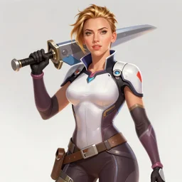 zarya from overwatch as scarlett johansson, highly detailed, digital painting, trending on artstation, concept art, sharp focus, illustration, art by artgerm and greg rutkowski and magali villeneuve
