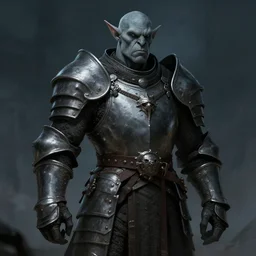 handsome grey orc wearing medieval suit of armor, illustration, concept art, art by wlop, dark, moody, dramatic