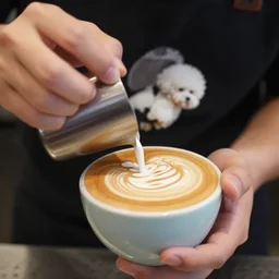 a closeup photorealistic photograph of barista creating latte art of bichon frise. professional capture, well lit shot. this 4 k hd image is trending on artstation, featured on behance, well - rendered, extra crisp, features intricate detail, epic composition and the style of unreal engine.