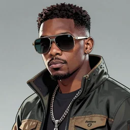 hyper detailed comic illustration of a cyberpunk 50 Cent  wearing a futuristic sunglasses and a gorpcore jacket, markings on his face, by Android Jones intricate details, vibrant, solid background, low angle fish eye lens