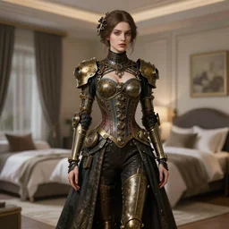 woman model, intricate steampunk clothes, in a bedroom!!!!!!!!!!!!!!!!!!!!, modern, elegant, highly detailed, digital painting, artstation, concept art, smooth, sharp focus, illustration, art by krenz cushart and artem demura and alphonse mucha