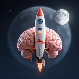 a human brain on a rocket with the moon in background, realistic 3 d render
