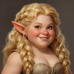 chubby blond female dwarf woman smiling, long fluffy curly braided hair, light blond hair, gorgeous, beautiful, intricate, highly detailed, digital painting, artstation, concept art, sharp focus, dungeons and dragons , art by greg rutkowski and alphonse mucha
