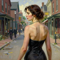 back view of kate beckinsale as investigiator walking down street in arkham town, female, detailed face, gorgeous, amazing, new england architecture, 1 9 2 0 style, intricate, highly detailed, musculine, lovecraft illustration, painting by gaston bussiere, craig mullins