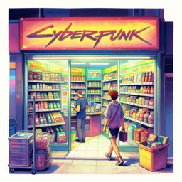 ( ( ( ( cyberpunk convenience store ) ) ) ) by mœbius!!!!!!!!!!!!!!!!!!!!!!!!!!!, overdetailed art, colorful, artistic record jacket design