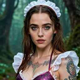 emilia clarke as a beautiful tattooed female maid wearing a magical bikini in a magical forest, highly detailed and realistic face, rain drops on face, beautiful detailed eyes with a piercing gaze, fantasy art, in the style of artgerm, illustration, epic, fantasy, intricate, hyper detailed, artstation, concept art, smooth, sharp focus, ray tracing, vibrant, photorealistic