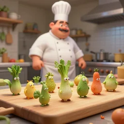 miniature vegetable creatures parade on a cutting board. big chef in a kitchen in the background. digital art, realistic, pixar style, highly detailed, cinematic, matte painting, vivid colors, realistic, epic, low angle, lighting, by greg rutkowski and artgerm and alphonse mucha