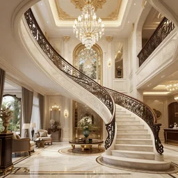 highly detailed interior rendering of a beautiful luxurious house with a grand staircase, ornate, unreal engine, by peter guthrie