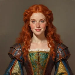 portrait of a beautiful young women with red hair and freckles, slight smile, renaissance colorful dress, leather armor, digital painting by Michael Whelan, dnd illustration, trending on Artstation, sfw