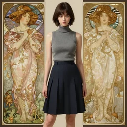 portrait of a full body of beautiful young female detective, d & d, sleeveless turtleneck, pleated skirt, fantasy, flat lighting, intricate, highly detailed, digital painting, artstation, concept art, smooth, sharp focus, illustration, misa amane, art by simon bisley and greg rutkowski and alphonse mucha, natural tpose