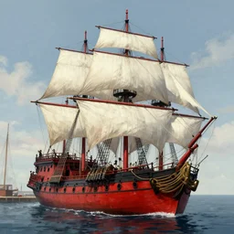 masterpiece of a crimson hull and white sails three mast brigantine pirate ship docked in a xix century port, by greg rutkowski and noah bradley, trending on artstation
